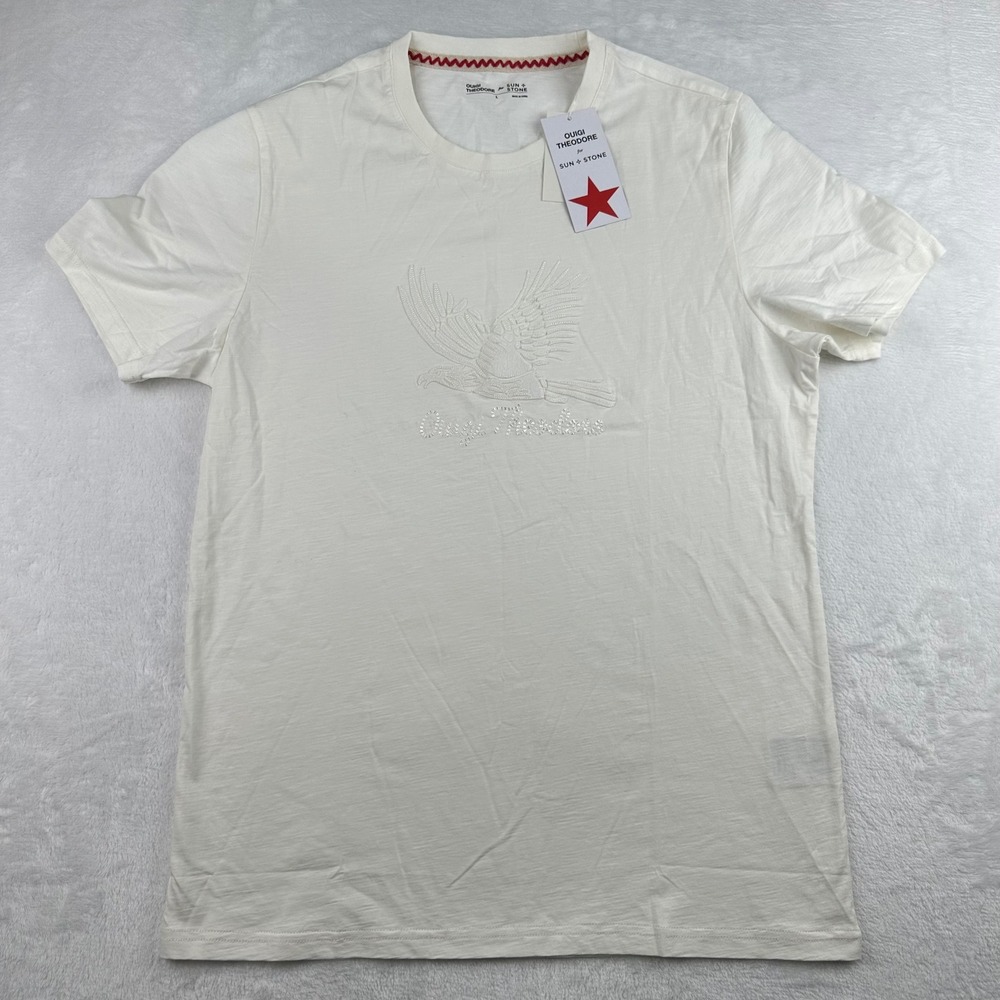 Sun + Stone Ouigi Theodore Mens Large White Embroidered Eagle T-Shirt NWT